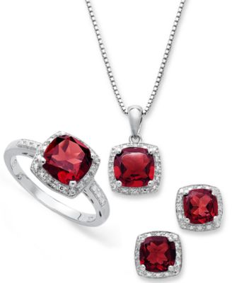 Macy's - Sterling Silver Jewelry Set, Garnet (4-3/4 ct. t.w.) and Diamond Accent Necklace, Earrings and Ring Set