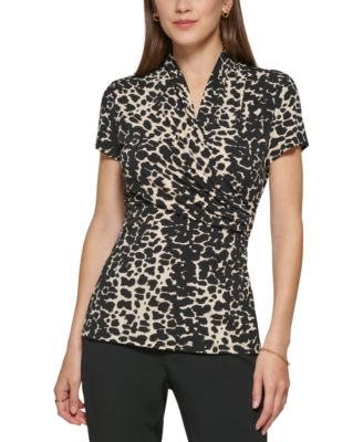 DKNY - Petite Animal-Print Draped Surplice Blouse