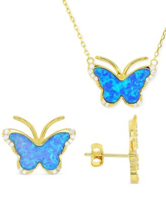 Macy's - 2-Pc. Set Lab-Grown Opal & Cubic Zirconia Butterfly Pendant Necklace & Matching Stud Earrings