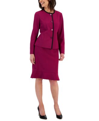 Le Suit - Women's Framed Collarless Jacket & Flounce-Hem Skirt, Regular & Petite