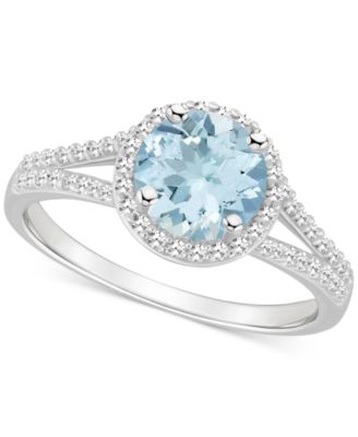 Macy's - Aquamarine (1-1/4 ct. t.w.) & Diamond (1/4 ct. t.w.) Halo Split Shank Ring in Sterling Silver
