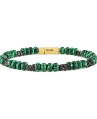 Bulova - Men's Marine Star Malachite Beaded Bracelet in 14k Gold-Plated Sterling Silver