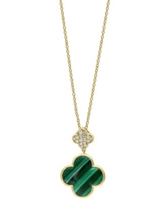 EFFY Collection - Malachite & Diamond (1/8 ct. t.w.) Clover 18" Pendant Necklace in 14k Gold