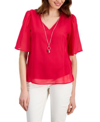 JM Collection - Women's Flutter-Sleeve Necklace Top