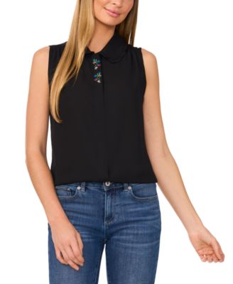 CeCe - Women's Embroidered-Placket Collared Sleeveless Blouse