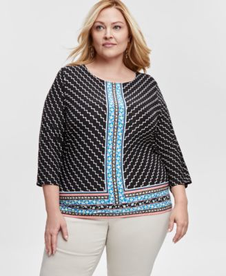 JM Collection - Plus Size Mixed-Print Jacquard 3/4-Sleeve Top