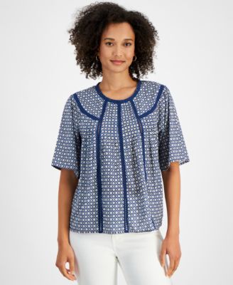 Nautica Jeans - Women's Cotton Printed Crochet-Trim Top