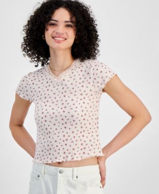 Just Polly - Juniors' Lace-Trim Waffled Baby T-Shirt