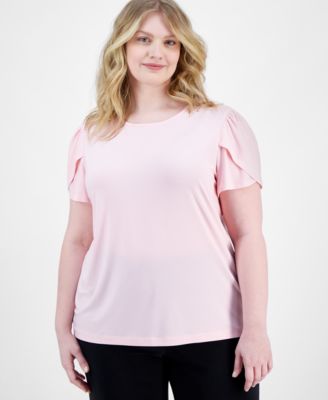 AK Anne Klein - Plus Size Solid Tulip-Sleeve Crewneck Top