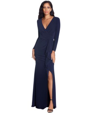 Betsy & Adam - Women's Long-Sleeve Cascading-Ruffle Gown