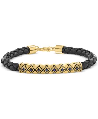 EFFY Collection - Men's Sapphire (1/6 ct. t.w.) Braided Leather Bracelet in 18k Gold Over Sterling Silver