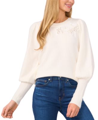 CeCe - Women's Embellished Puff-Sleeve Crewneck Sweater