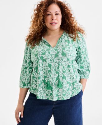 Style & Co - Plus Size Vine-Print Split-Neck 3/4-Sleeve Top