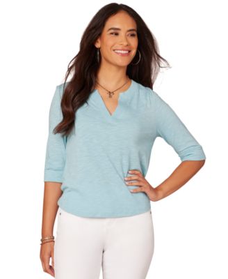 Democracy - Petite 3/4-Sleeve Split Neckline Knit Top