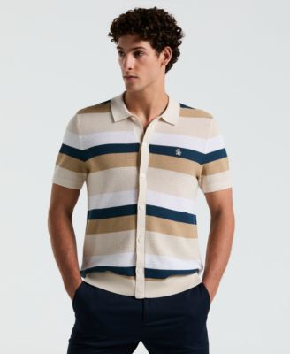 Original Penguin - Men's Short Sleeve Striped Mesh Cardigan Sweater