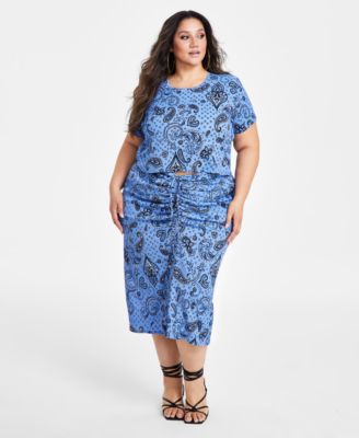 Nina Parker - Plus Size Textured Paisley-Print Drawstring-Ruched Skirt