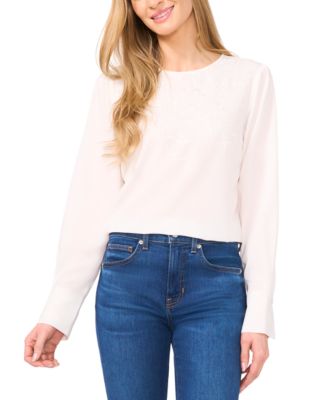 CeCe - Women's Round-Neck Long-Sleeve Floral-Eyelet Top