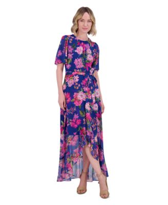 Jessica Howard - Women's Floral-Print Belted Flutter-Sleeve Dress