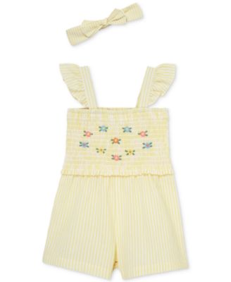 Little Me - Baby Girls Woven Cotton Romper & Headband, 2 Piece Set