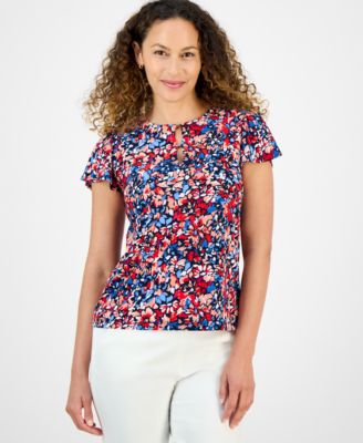 Jones New York - Petite Floral-Print Keyhole-Neckline Top