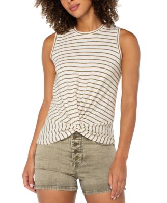 Liverpool Los Angeles - Women's Striped Cotton Crewneck Twist-Front Sleeveless Top