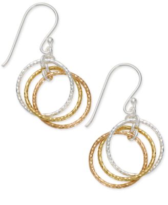 Macy's - Tri-Tone Interlocking Circle Drop Earrings in Sterling Silver, Gold-Plated Sterling Silver and Rose Gold-Plated Sterling Silver