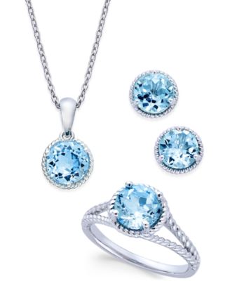Macy's - Blue Topaz Rope-Style Pendant Necklace, Stud Earrings and Ring Set (5 ct. t.w.) in Sterling Silver