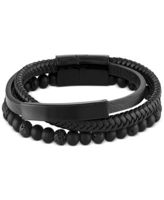 Macy's - Men's Onyx & Lava Bead Triple Row Braided Leather Bracelet in Black Ion-Plated Stainless Steel (Also in Onyx/Sodalite)