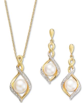 Macy's - 2-Pc. Set Cultured Freshwater Pearl (7mm) & Cubic Zirconia Infinity Twist Pendant Necklace & Matching Stud Earrings in 14k Two-Tone Gold-Plated Sterling Silver