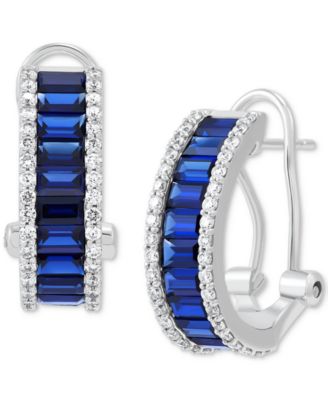 Grown With Love - Lab Grown Sapphire (2-3/8 ct. t.w.) & Lab Grown Diamond (1/2 ct. t.w.) Baguette Small Hoop Earrings in 14k White Gold, 0.67"