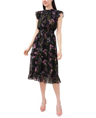 CeCe - Women's Smocked-Waist Flutter-Sleeve Midi Dress