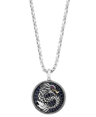 EFFY Collection - Men's Black Sapphire (7/8 ct. t.w.) & Ruby (1/20 ct. t.w.) Dragon Disc 22" Pendant Necklace in Sterling Silver
