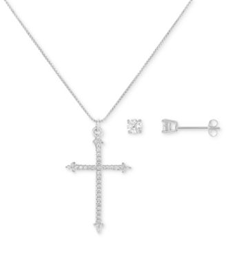 Giani Bernini - 2-Pc. St Cubic Zirconia Cross Pendant Necklace & Solitaire Stud Earrings in Sterling Silver