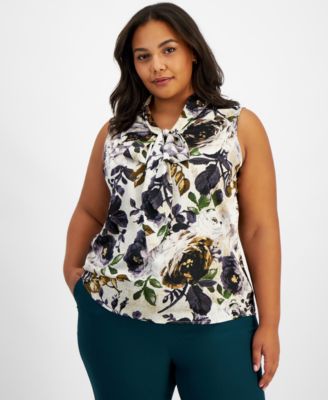 Tahari ASL - Plus Size Floral-Print Tie-Neck Blouse