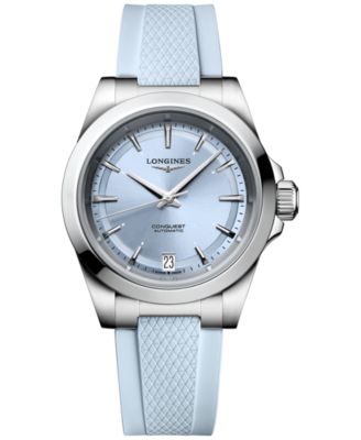 Longines - Women's Swiss Automatic Conquest Blue Rubber Strap Watch 34mm