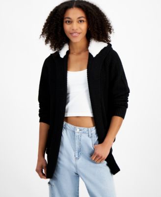 Madden Girl - Juniors' Faux Shearling Lined Open-Front Hoodie