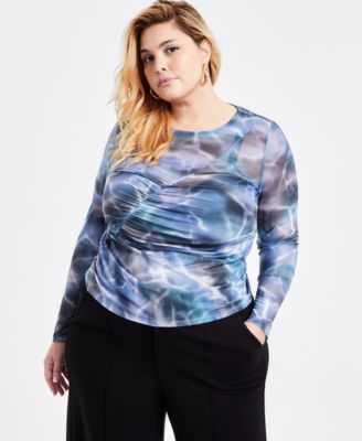 Bar III - Trendy Plus Printed-Mesh Long-Sleeve Ruched Top