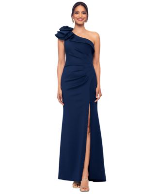 XSCAPE - Women's Flower-Trim One-Shoulder Side-Slit Gown