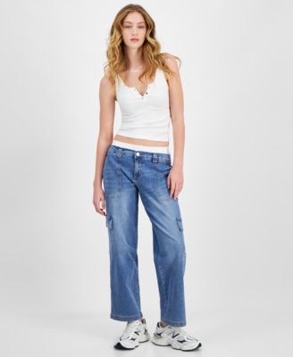 Madden Girl - Juniors' Boxer-Lined Cargo Wide-Leg Jeans