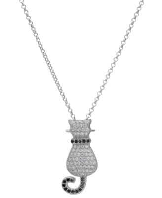 Macy's - Black Spinel (1/8 ct. t.w.) & Lab Grown White Sapphire (5/8 ct. t.w.) Cat 18" Pendant Necklace in Sterling Silver