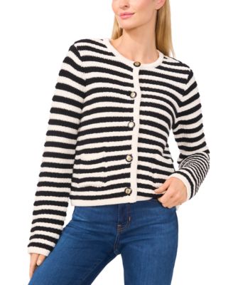 CeCe - Women's Striped Patch-Pocket Cardigan Sweater