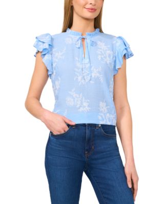 CeCe - Women's Floral Tie-Front Flutter-Sleeve Top