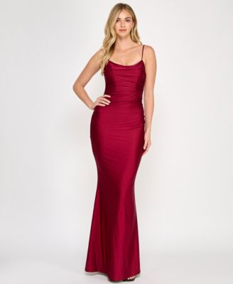 Crystal Doll - Juniors' Ruched Strappy-Back Satin Gown