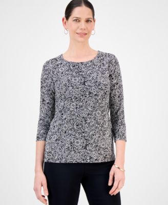 JM Collection - Women's Printed Jacquard 3/4-Sleeve Top, Exclusively at Macy's