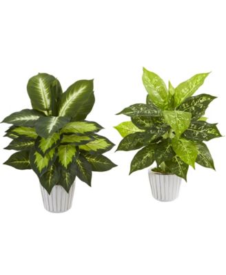 Nearly Natural - 19" Dieffenbachia Artificial Plant in White Vase, Set of 2