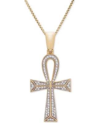 Macy's - Men's Diamond Ankh Cross 22" Pendant Necklace (1/4 ct. t.w.) in Sterling Silver & 14k Gold-Plate