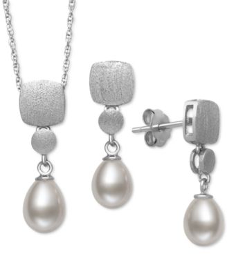 Belle de Mer - 2-Pc. Set Cultured Freshwater Pearl (6mm) Brushed Finish Pendant Necklace & Matching Drop Earrings in Sterling Silver