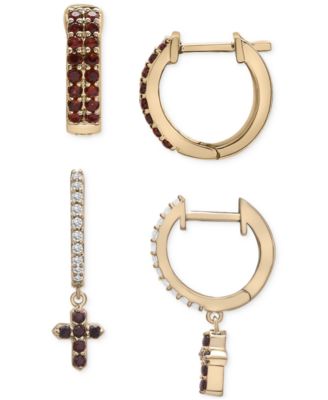 Macy's - 2-Pc. Set Garnet (1/2 ct. t.w.) & Lab-grown White Sapphire (1/4 ct. t.w.) Hoop & Cross Dangle Hoop Earrings set in 14k Gold-Plated Sterling Silver
