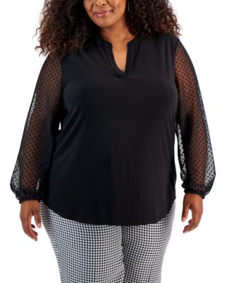 Kasper - Plus Size Dot-Sleeve Split-Neck Top