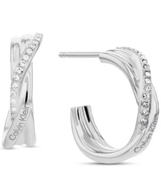 Calvin Klein - Stainless Steel Small Pav&eacute; Crossover C-Hoop Earrings, 0.6"